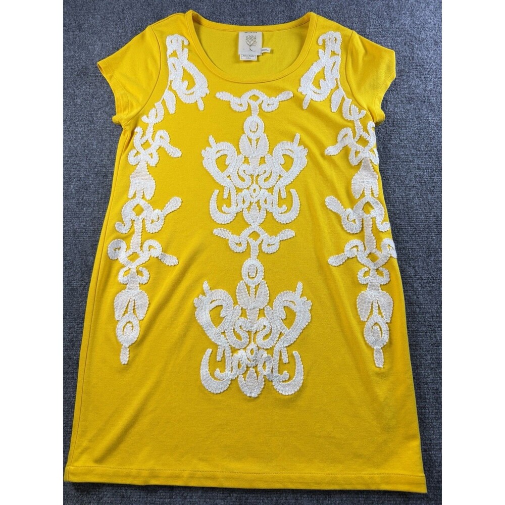 Meadow Rue Anthropologie Tunic Top Women M Yellow White Embroidered Boho